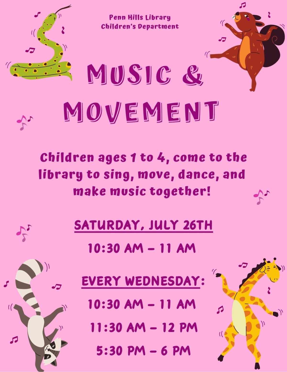 A colorful flyer for Music and Movement with information about the program and when it occurs.