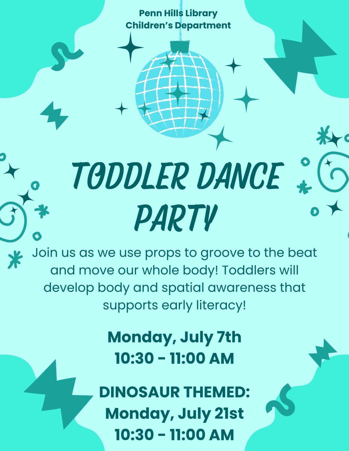 A colorful flyer for Toddler Dance Party with information on the program and its dates.