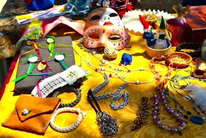 Table filed with props for Renaissance Faire