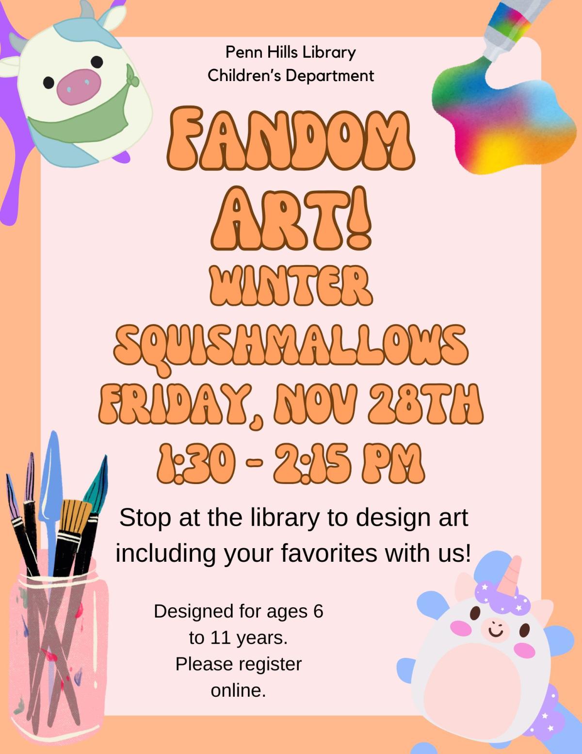A colorful flyer describing Fandom Art, a children's program at the Penn Hills Library.