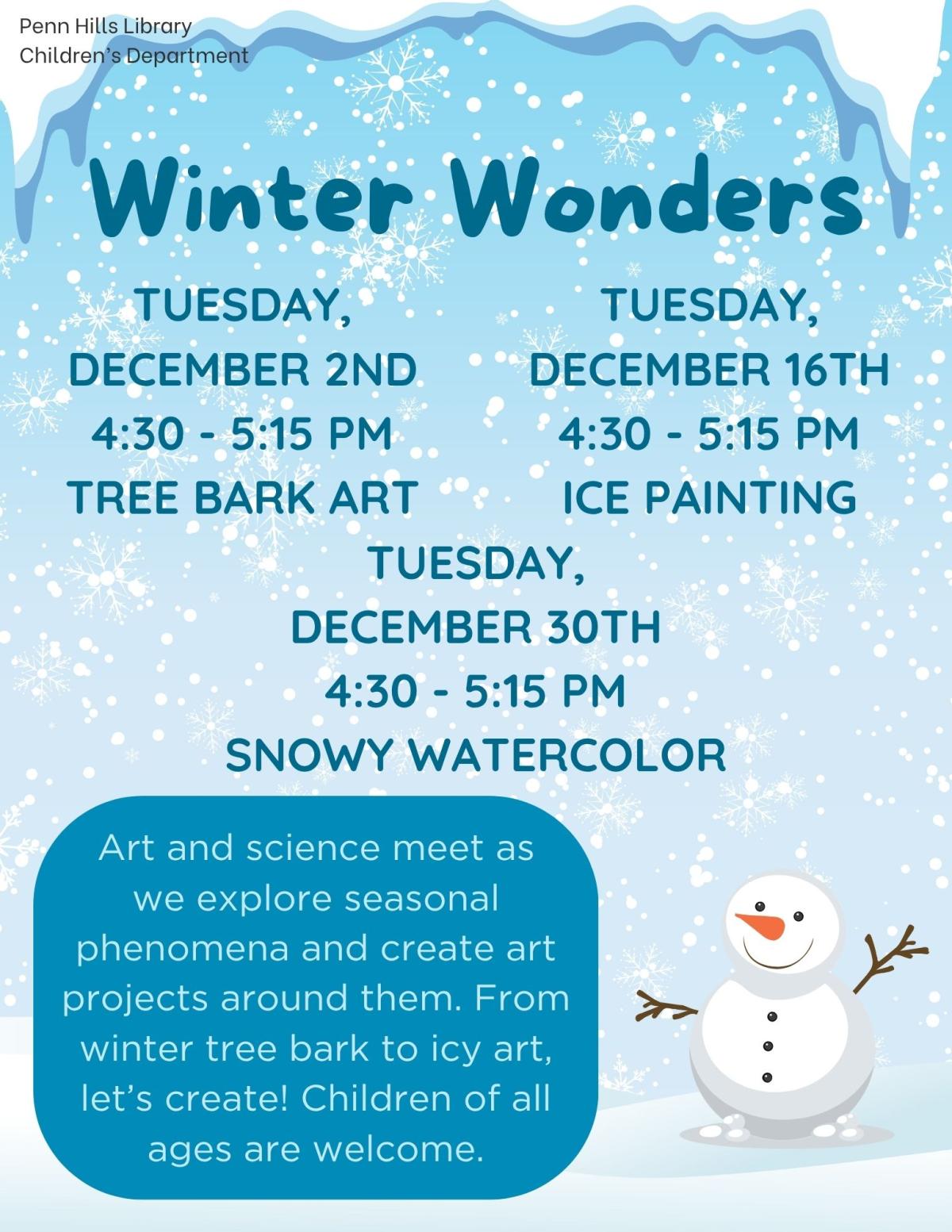 A colorful flyer describing Winter Wonders, a children's program at the Penn Hills Library.