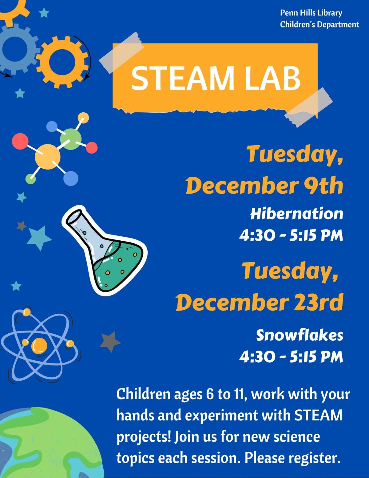 A colorful flyer describing STEAM Lab, a children's program at the Penn Hills Library.