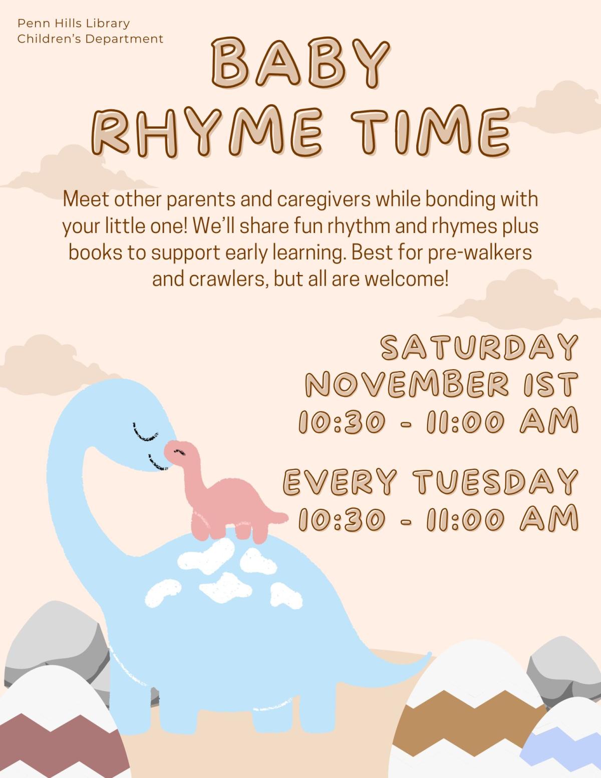 A colorful flyer describing Baby Rhyme Time, a children's program at the Penn Hills Library.