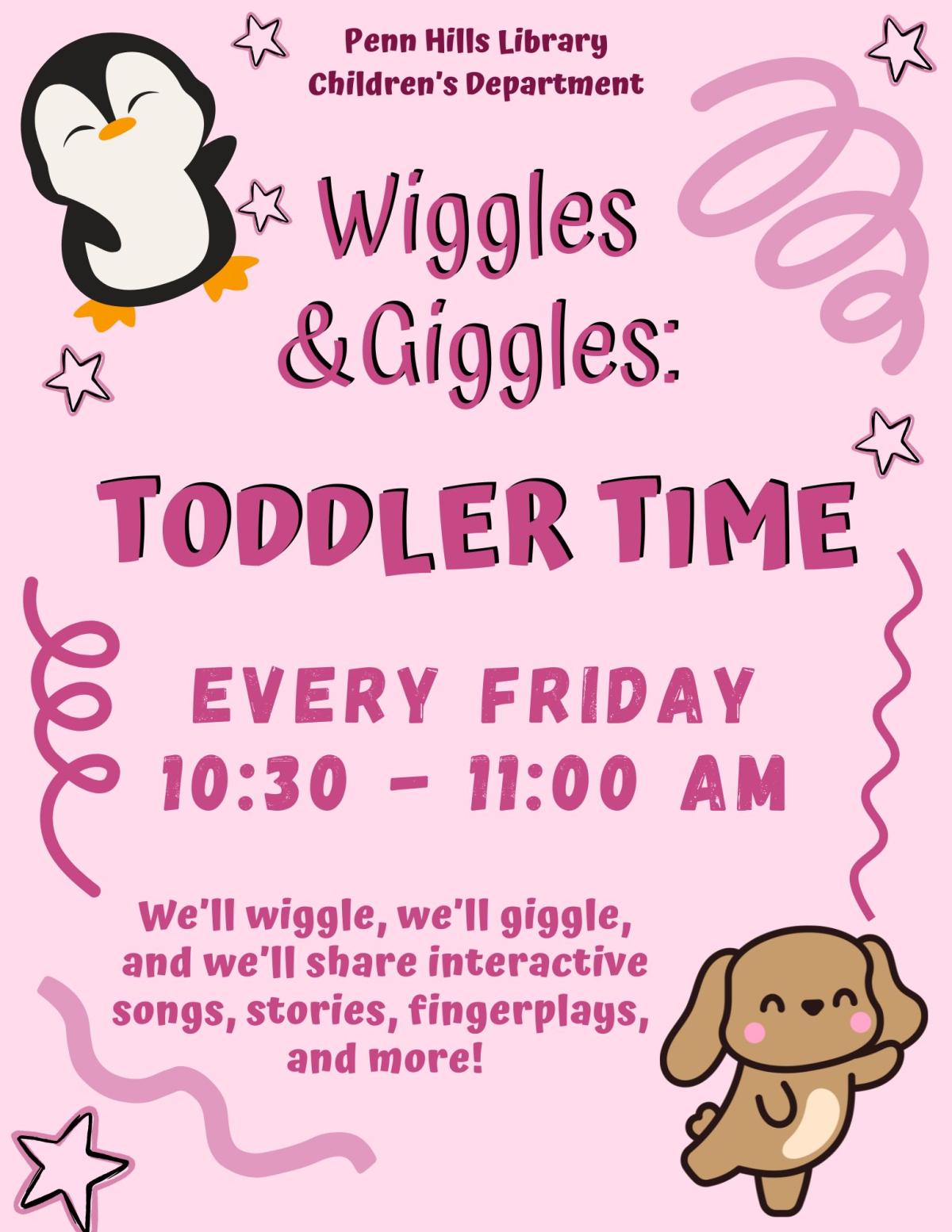 A colorful flyer describing Wiggles and Giggles, a children's program at the Penn Hills Library.