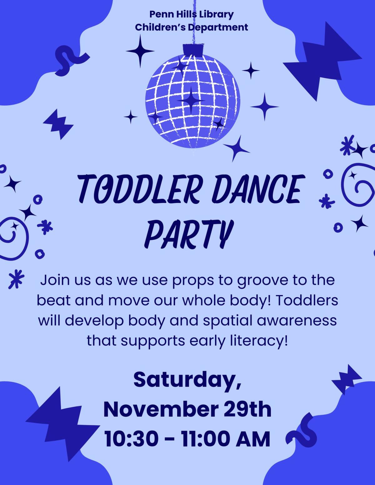 A colorful flyer describing Toddler Dance Party, a children's program at the Penn Hills Library.