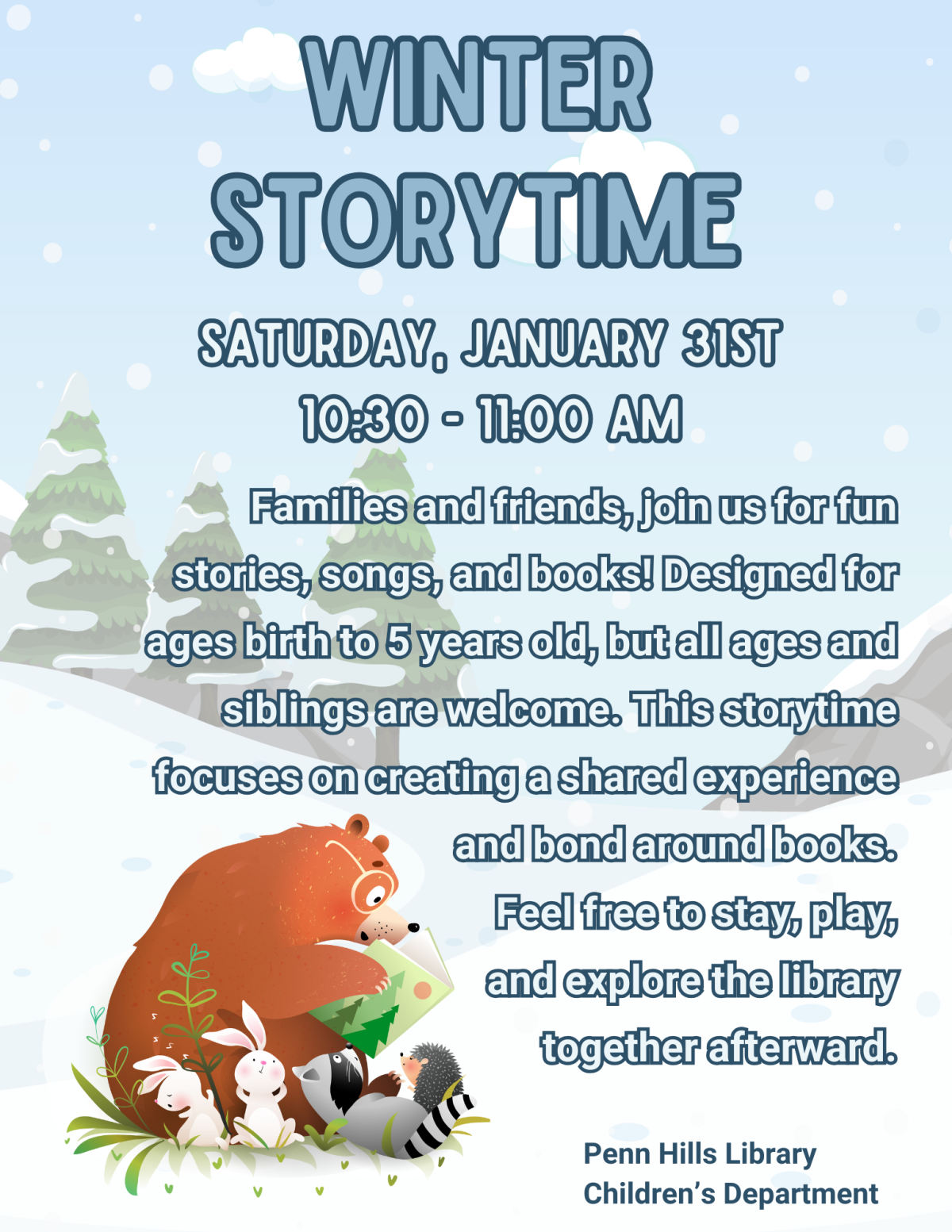 A colorful flyer describing Winter Storytime, a children's program at the Penn Hills Library.