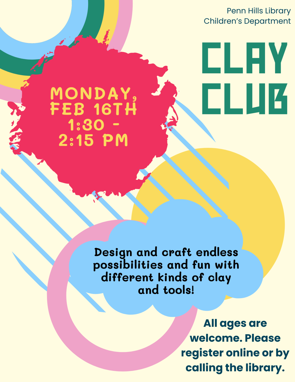 A colorful flyer for Clay Club with information on the program and its dates.