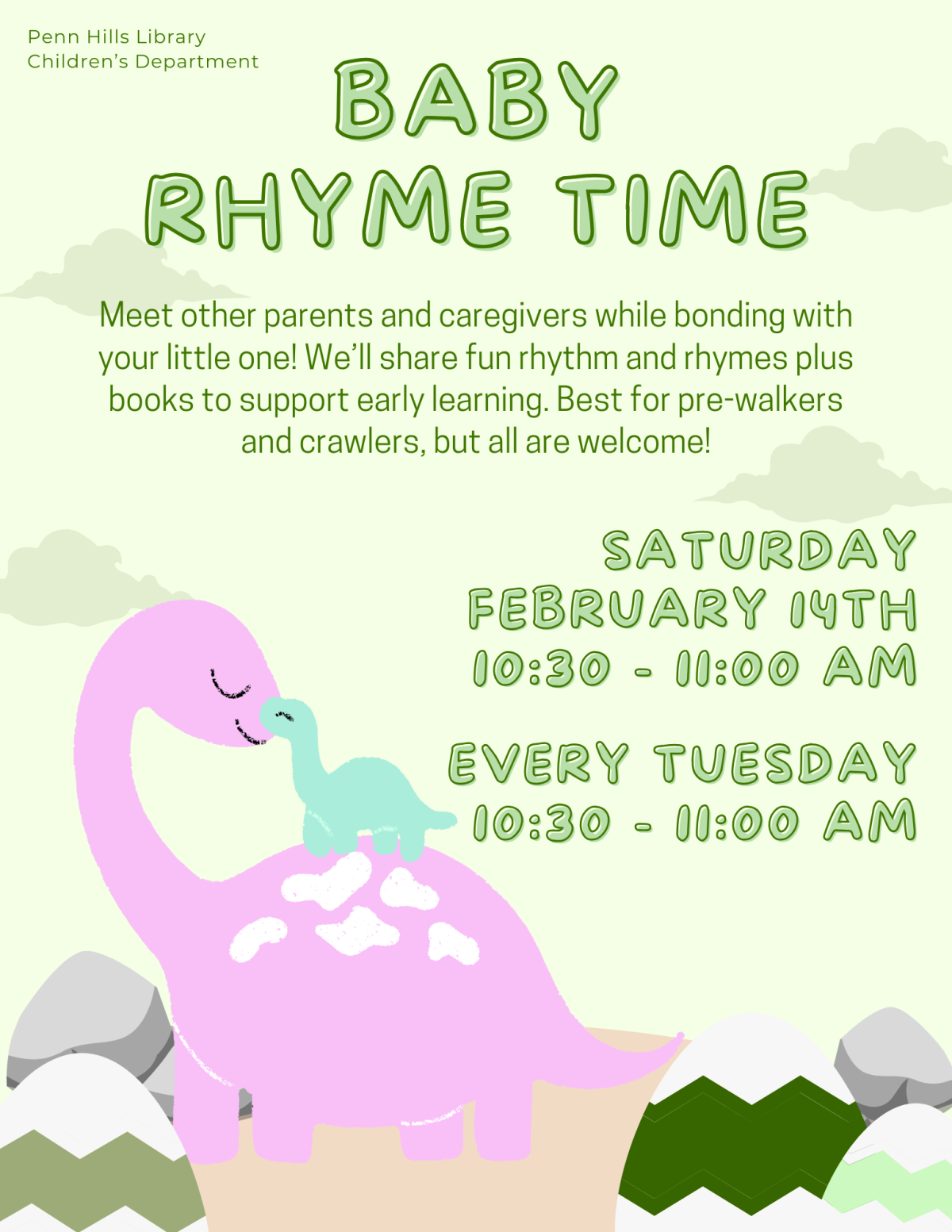 A colorful flyer describing Baby Rhyme Time, a children's program at the Penn Hills Library.