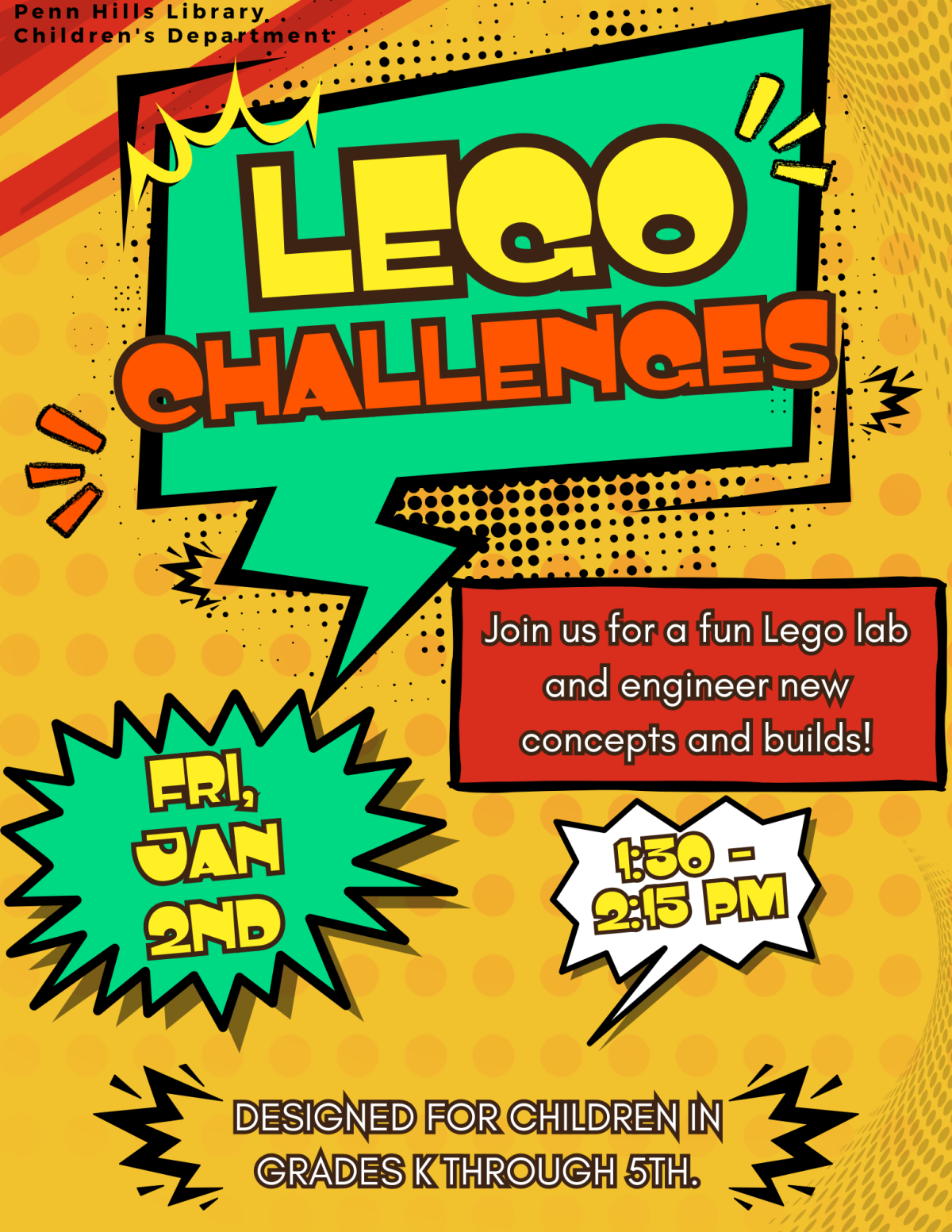 A colorful flyer describing Lego Challenges, a children's program at the Penn Hills Library.