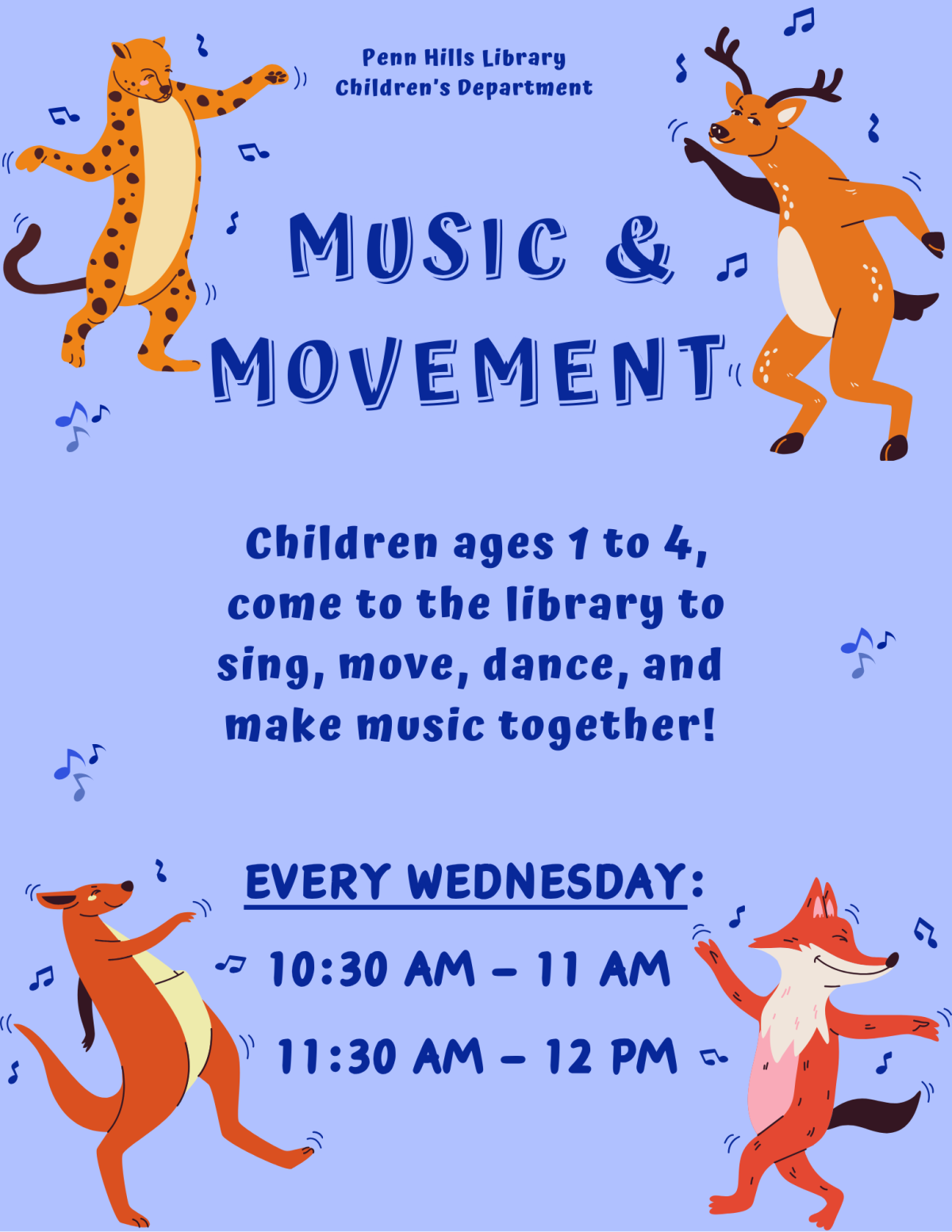 A colorful flyer describing Music & Movement, a children's program at the Penn Hills Library.