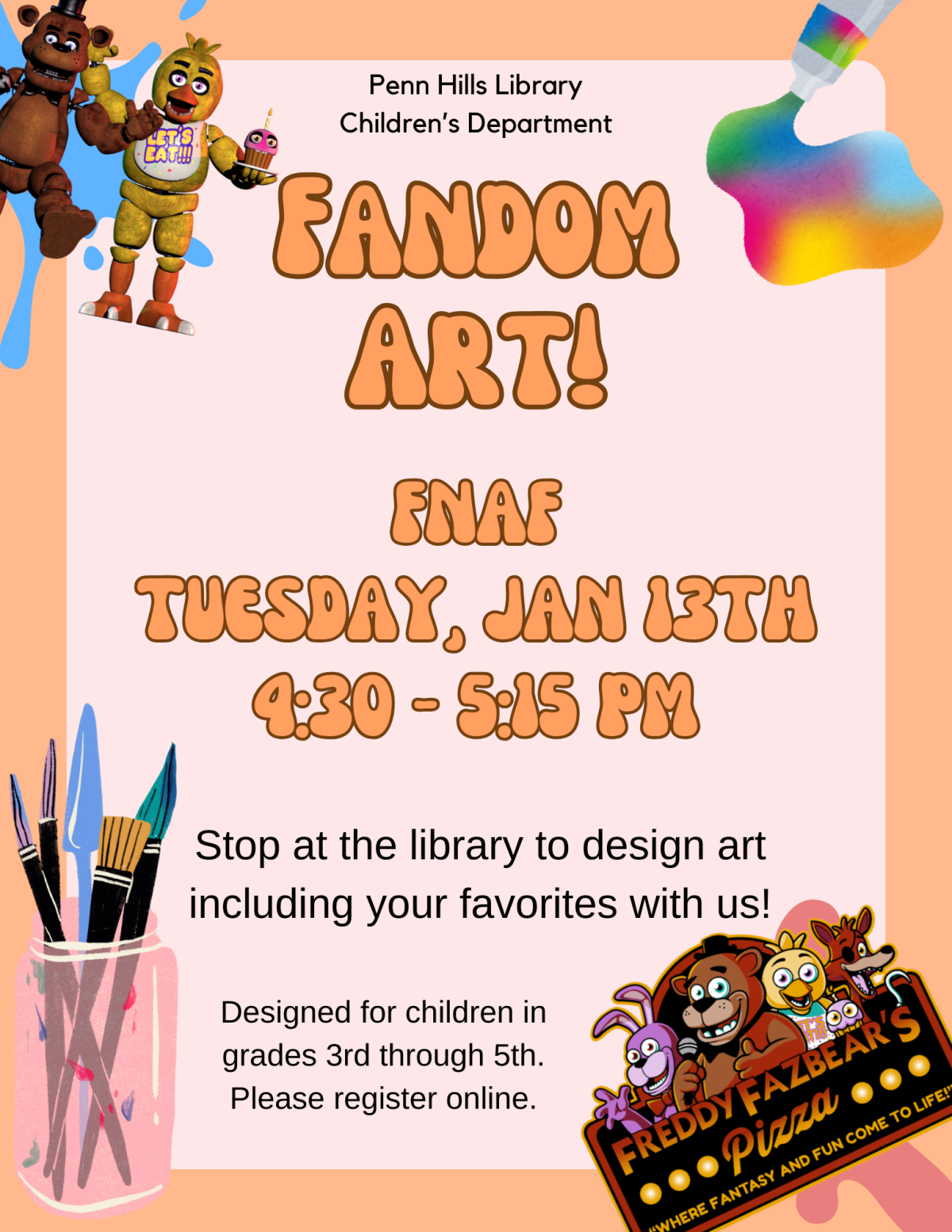 A colorful flyer describing Fandom Art, a children's program at the Penn Hills Library.