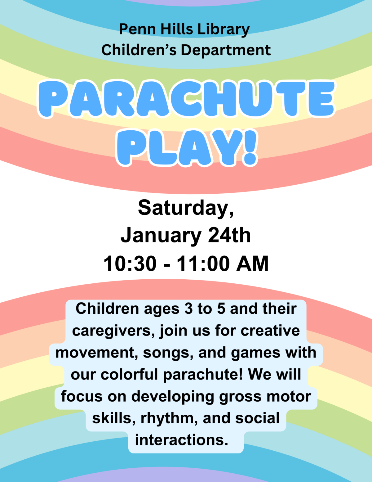 A colorful flyer describing Parachute Play, a children's program at the Penn Hills Library.